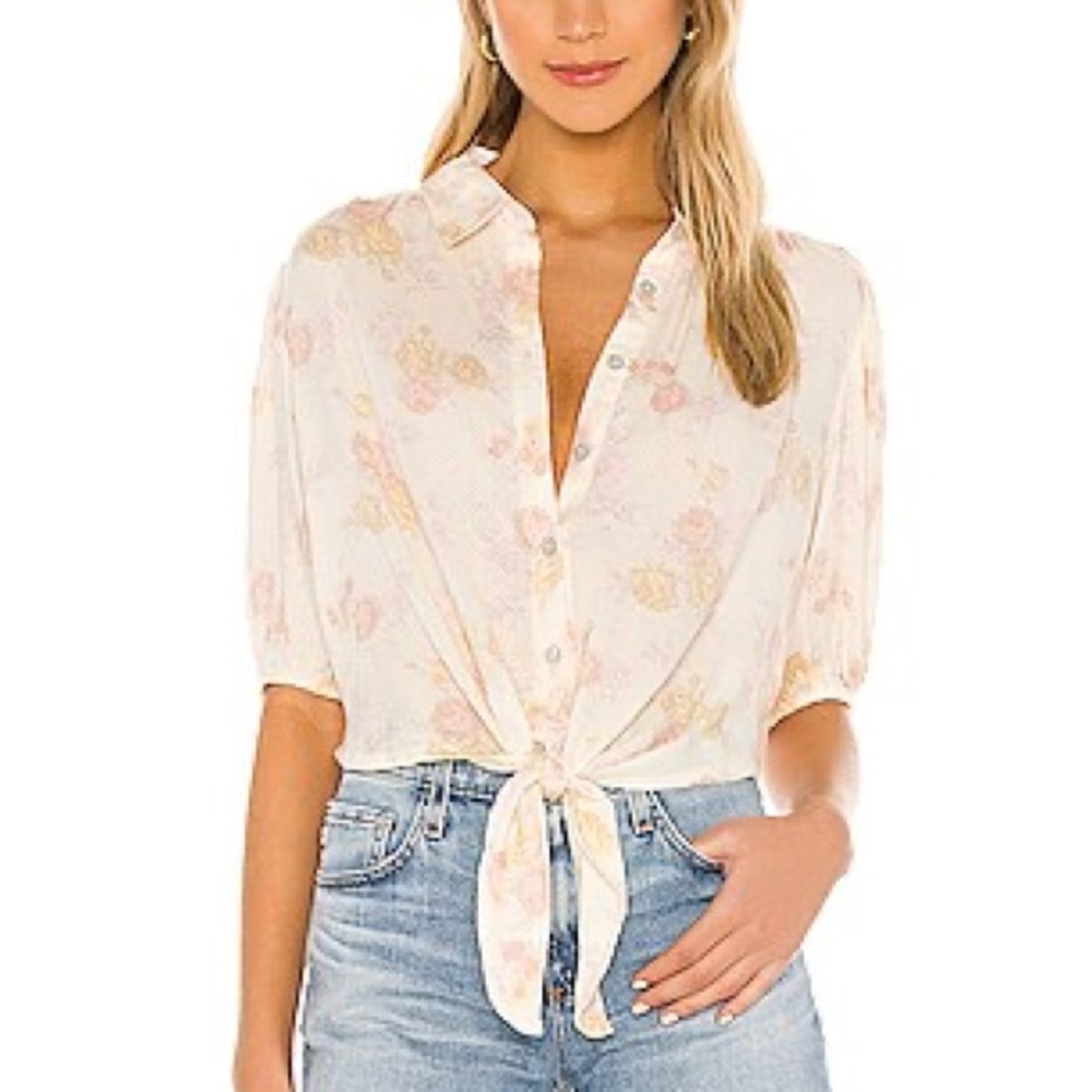 Free People Celia Floral Tie-Front Blouse - Cream Size Small
